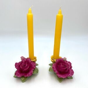 Set of 2 Royal Albert Old Country Roses Pink Yellow Sculpted Taper Candle Holder